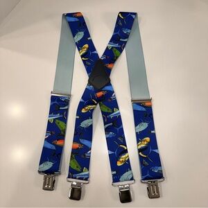 Suspender Store Freshwater Fish Print Blue Elastic Adjustable Size 48” EUC